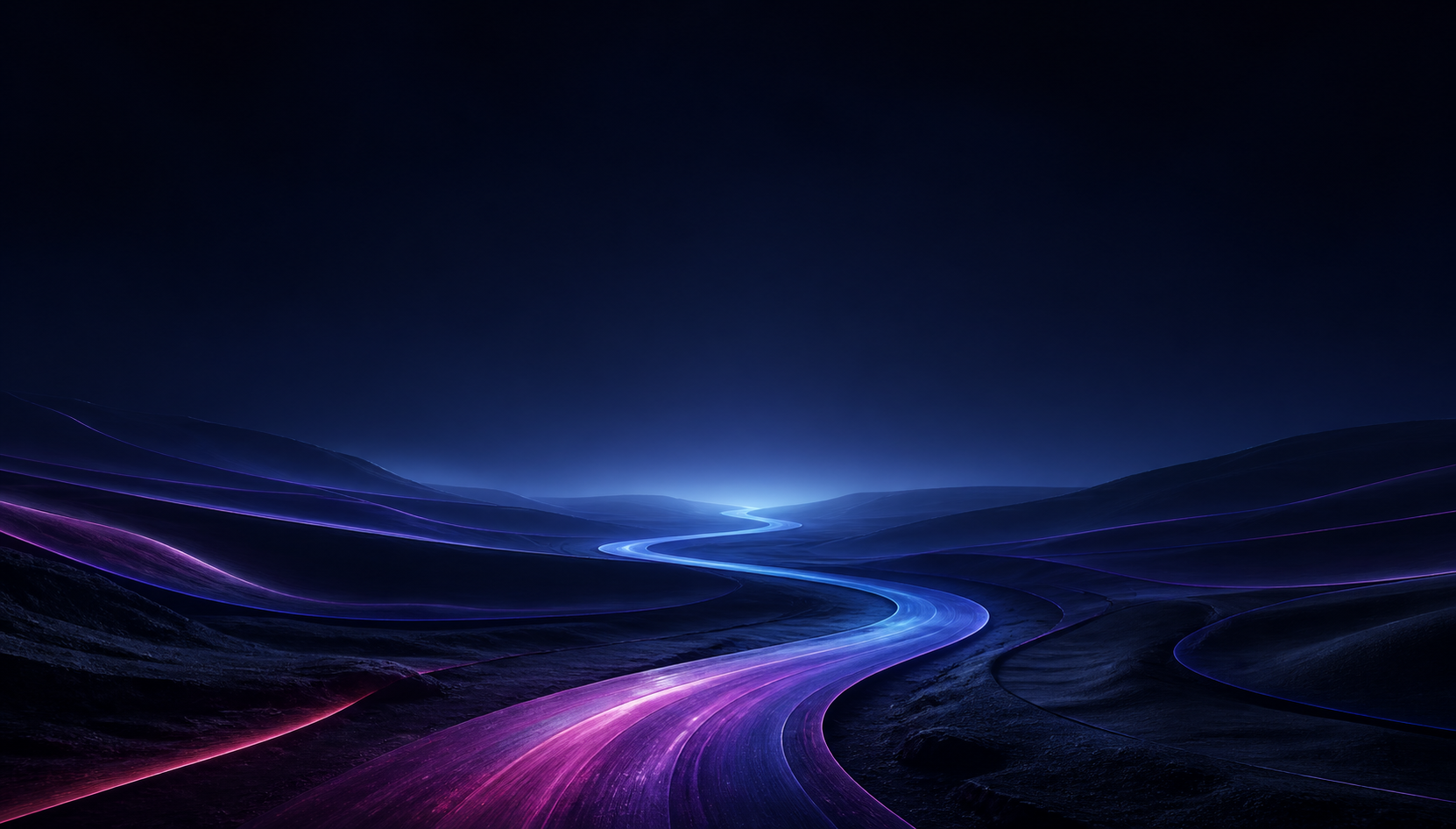 A luminous path crossing a calm dark landscape